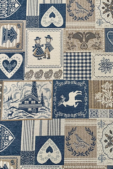 Dekoracyjna tkanina żakardowa PATCHWORK SERCA NIEBIESKIE