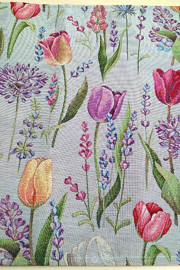 Obrus gobelinowy, szalik Wiosna - tulipany szaro-niebieskie