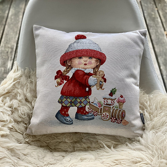Świąteczna okładka gobelinowa DZIEWCZYNA Z ZABAWKĄ