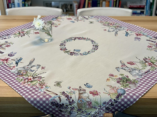 Obrus gobelinowy i szalik WIELKANOC w fioletową kratę