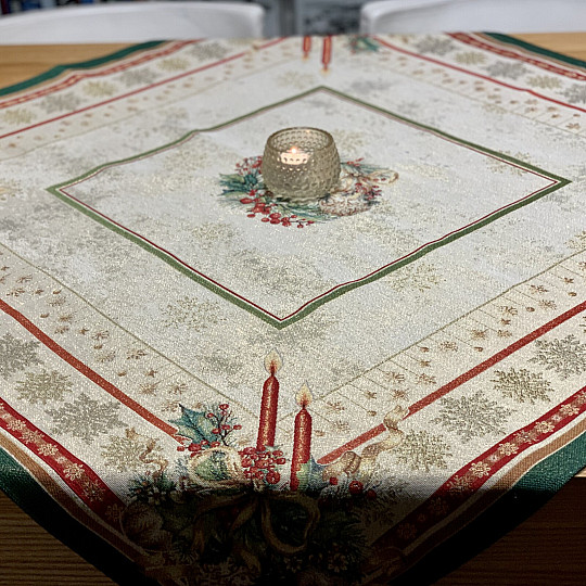 Obrus i szalik gobelinowy PŁONĄCE ŚWIECE zielona lamówka