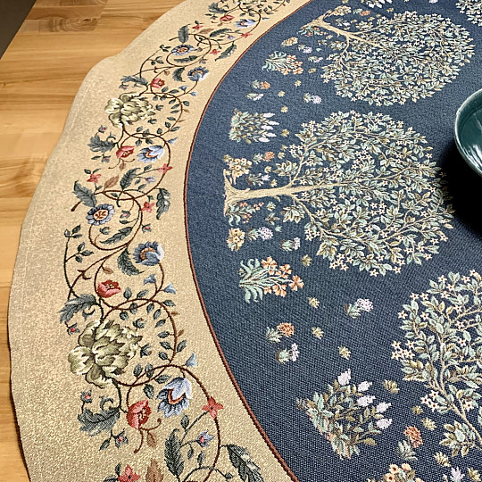 Obrus gobelinowy okrągły DRZEWO SZCZĘŚCIA niebieski