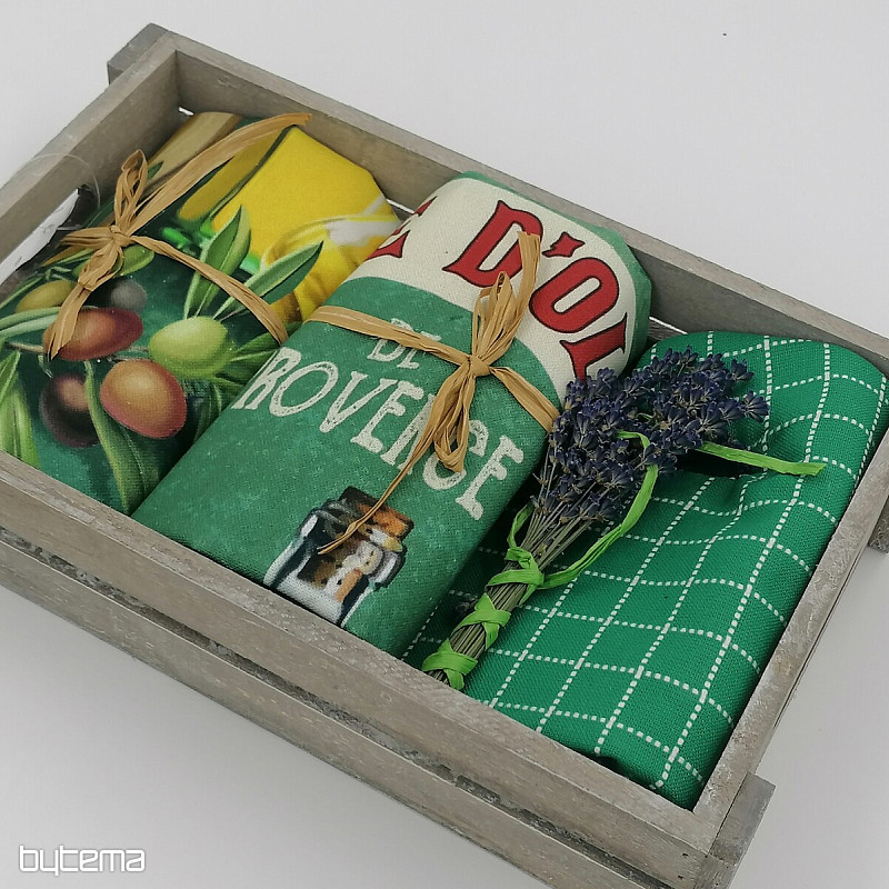 Zestaw upominkowy ściereczki i rękawiczki w drewnianym pudełku zapakowany w celofan - zielony