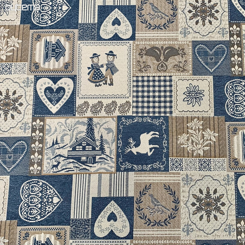 Dekoracyjna tkanina żakardowa PATCHWORK SERCA NIEBIESKIE