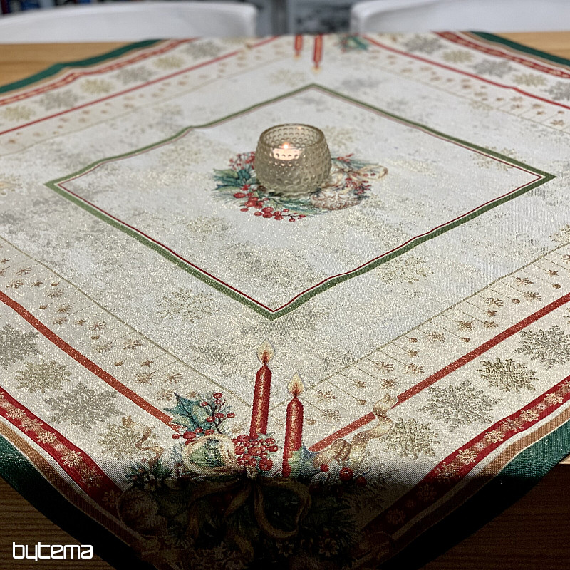 Obrus i szalik gobelinowy PŁONĄCE ŚWIECE zielona lamówka