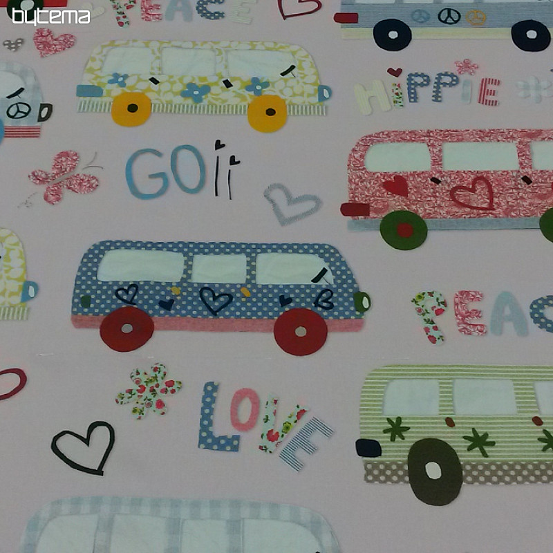 Dziecięca tkanina dekoracyjna HIPPIE CARS różowa