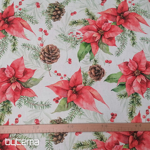Świąteczna tkanina dekoracyjna Poinsecja i szyszki