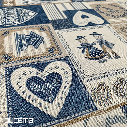 Dekoracyjna tkanina żakardowa PATCHWORK SERCA NIEBIESKIE