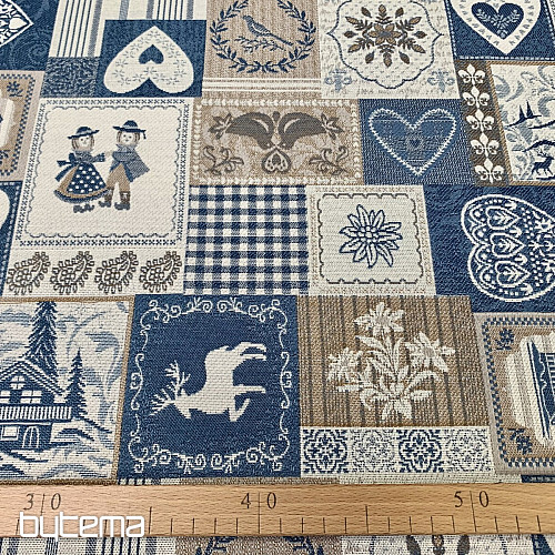 Dekoracyjna tkanina żakardowa PATCHWORK SERCA NIEBIESKIE