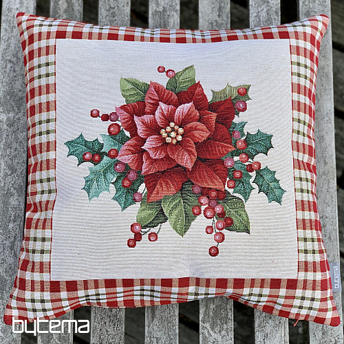 Świąteczna okładka gobelinowa CHRISTMAS GWIAZDA w czerwoną kratkę