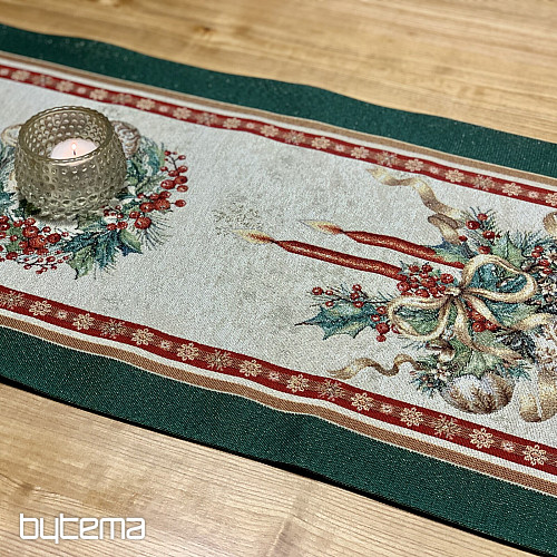 Obrus i szalik gobelinowy PŁONĄCE ŚWIECE zielona lamówka