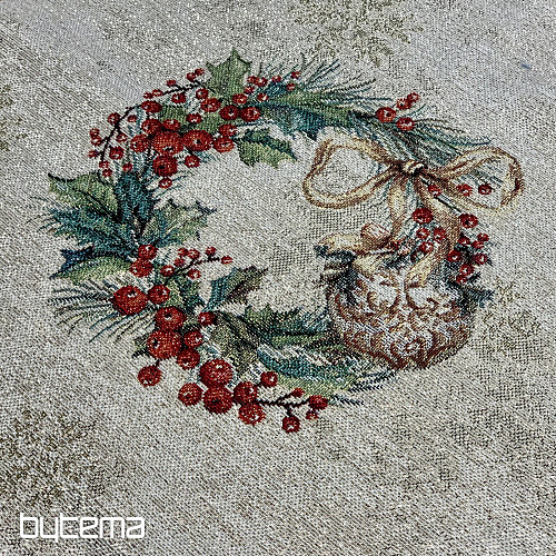 Obrus i szalik gobelinowy PŁONĄCE ŚWIECE zielona lamówka