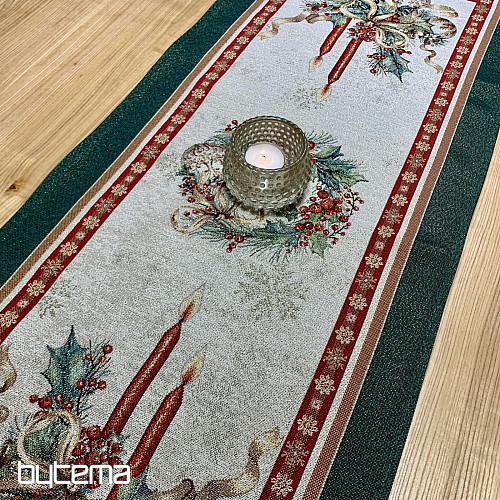 Obrus i szalik gobelinowy PŁONĄCE ŚWIECE zielona lamówka