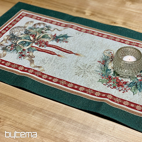 Obrus i szalik gobelinowy PŁONĄCE ŚWIECE zielona lamówka