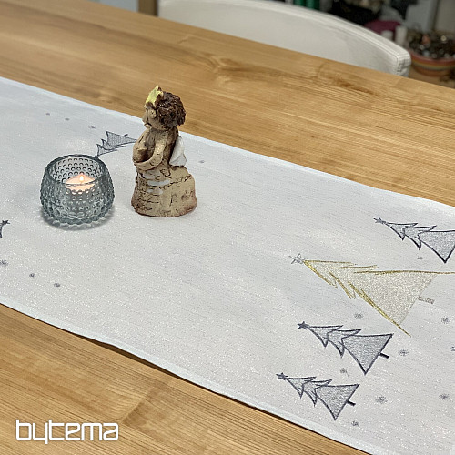 Haftowany obrus i szalik SZARE ZŁOTE DRZEWA