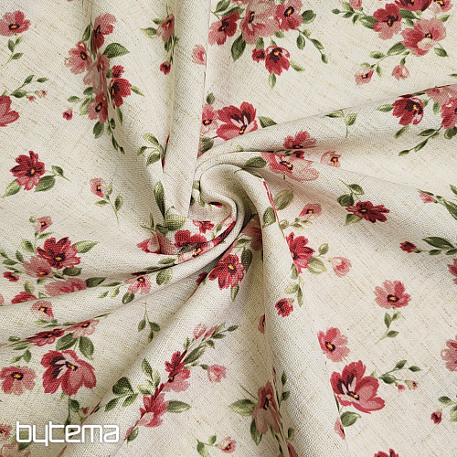 Tkanina dekoracyjna KWIATY LINO czerwona