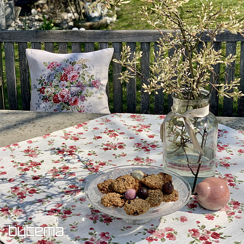 Obrus i szalik KWIATY LINO czerwony