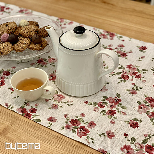 Obrus i szalik KWIATY LINO czerwony