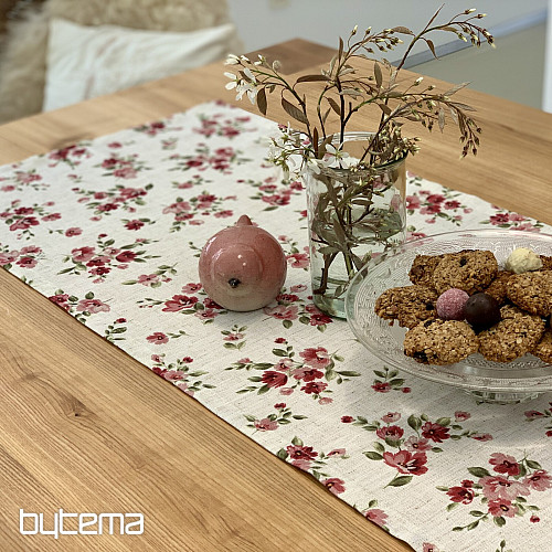 Obrus i szalik KWIATY LINO czerwony