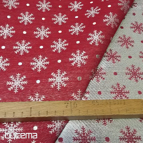 Świąteczna tkanina dekoracyjna na obrusy Snowflake czerwona szerokość 280