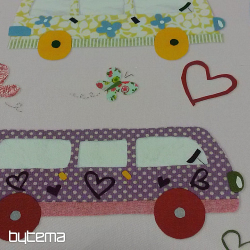 Dziecięca tkanina dekoracyjna HIPPIE CARS różowa