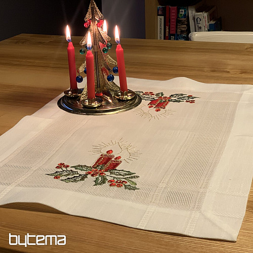Haftowany świąteczny obrus i szalik ŚWIECA